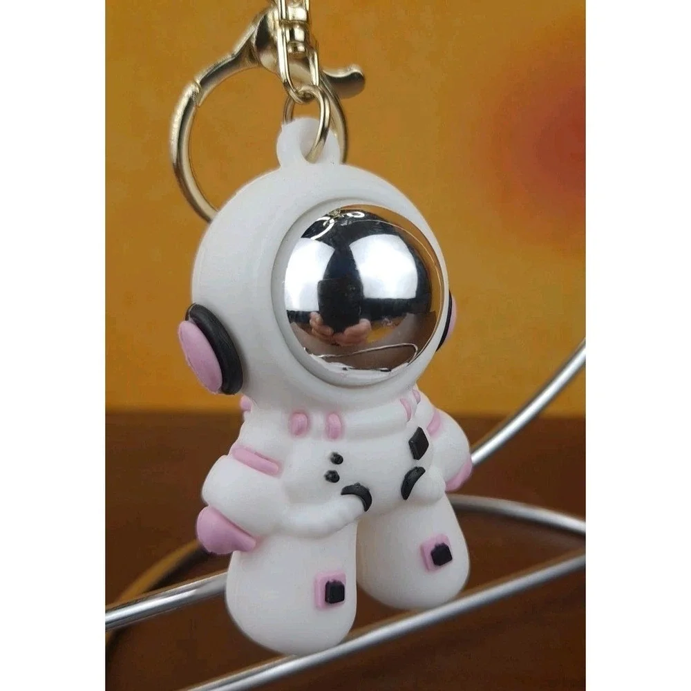 Space Astronaut Keychain Backpack Clip PVC Silver Reflective Face Pink And Black